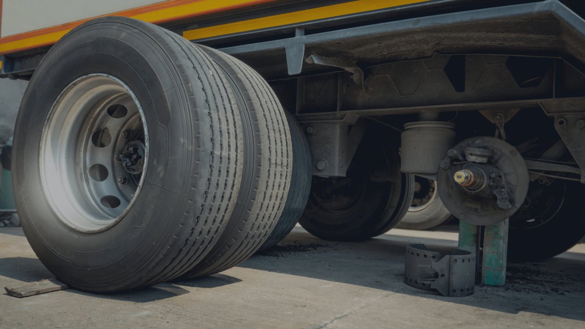 Close up of trailer tires and running gear during maintenance